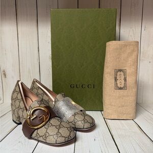 Gucci GG Supreme Monogram Blondie Pump Beige/Ebony Brown Sz 35.5 / 5.5